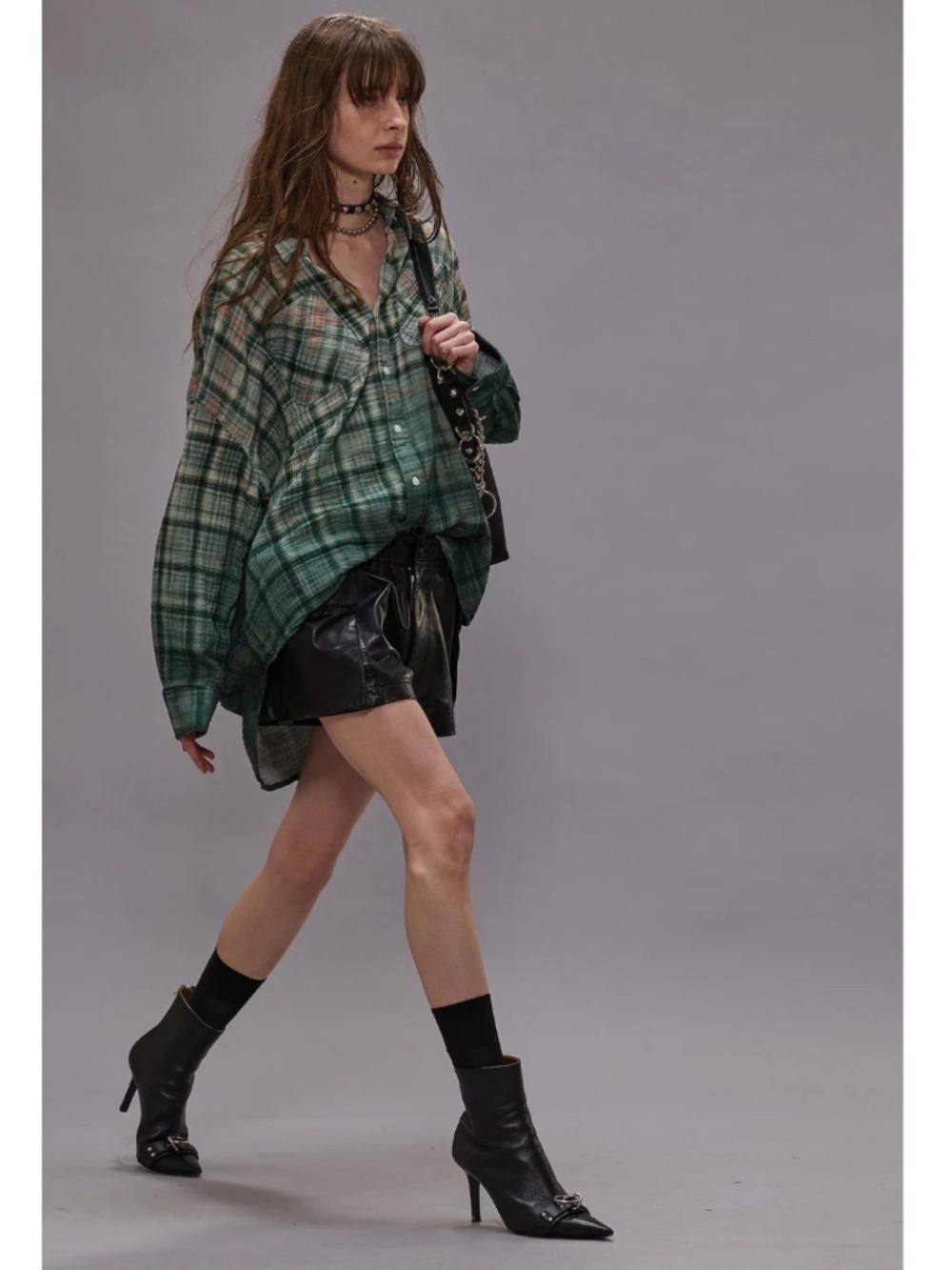 R13 Oversized Drop Neck Work Shirt Green Plaid Size L